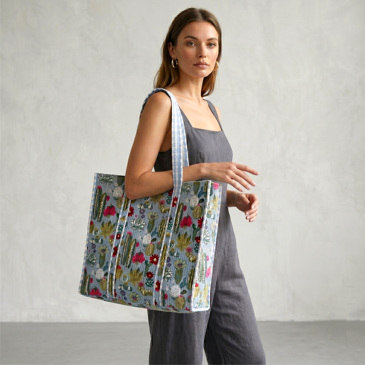 Handmade Blue Cactus Print Quilted Cotton Tote Bag, Indian Block Print Succulent Boho Shoulder Bag, Botanical Travel Beach Bag