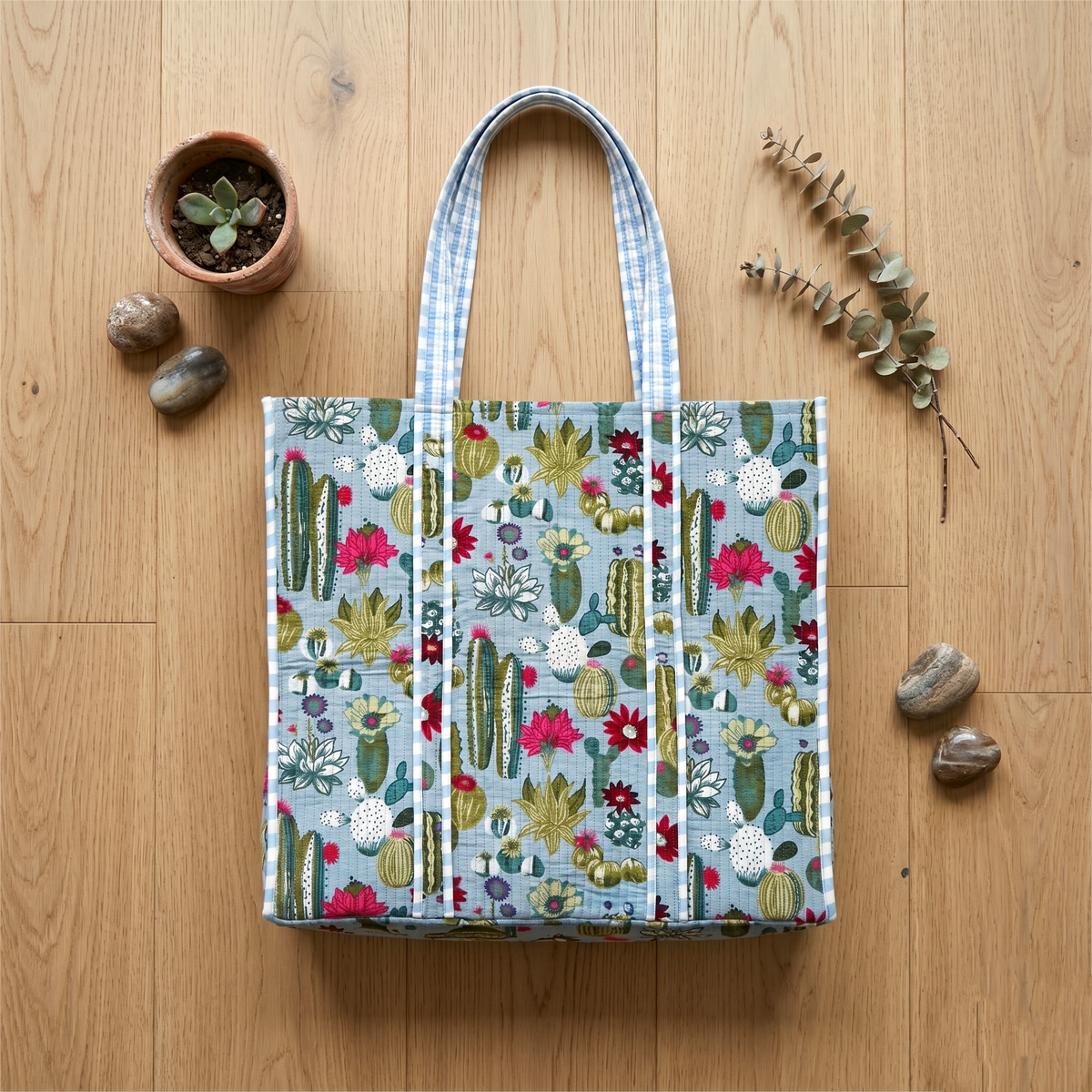 Handmade Blue Cactus Print Quilted Cotton Tote Bag, Indian Block Print Succulent Boho Shoulder Bag, Botanical Travel Beach Bag