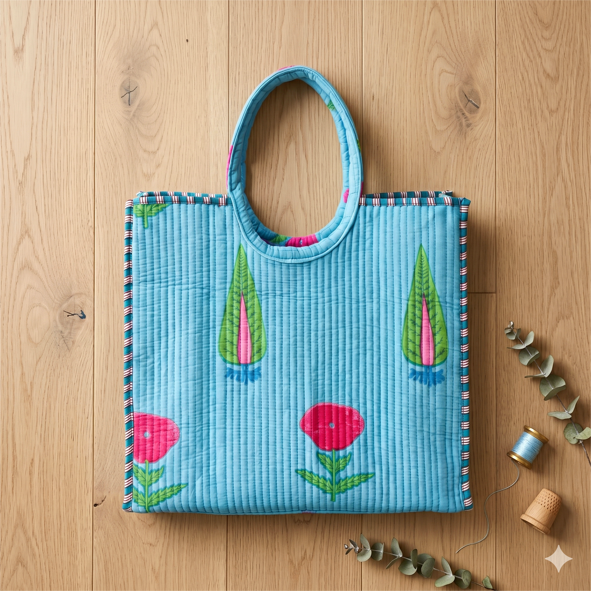 Handmade Blue Floral Block Print Quilted Cotton Tote Bag, Indian Boho Shoulder Bag, Minimalist Botanical Travel Beach Bag