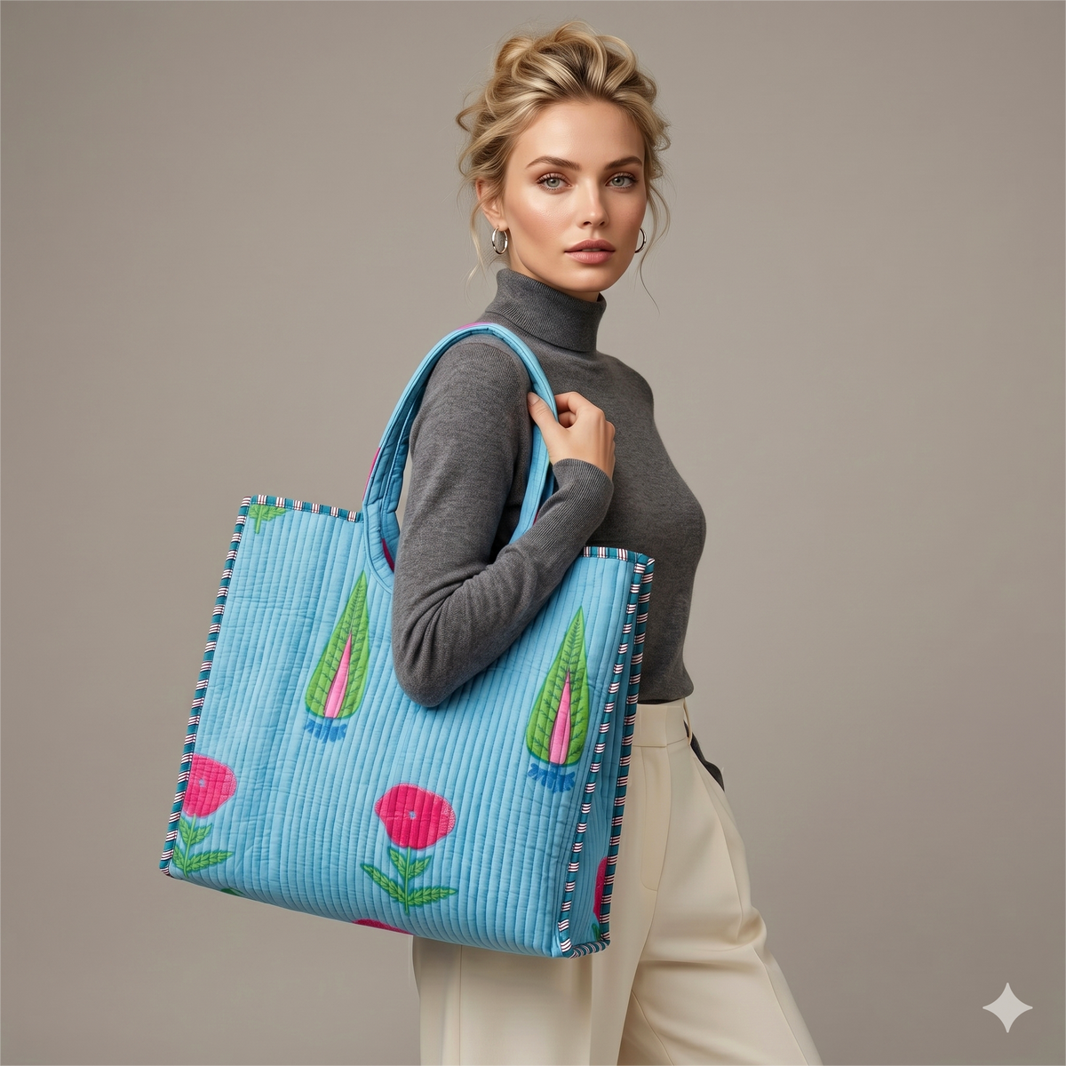 Handmade Blue Floral Block Print Quilted Cotton Tote Bag, Indian Boho Shoulder Bag, Minimalist Botanical Travel Beach Bag