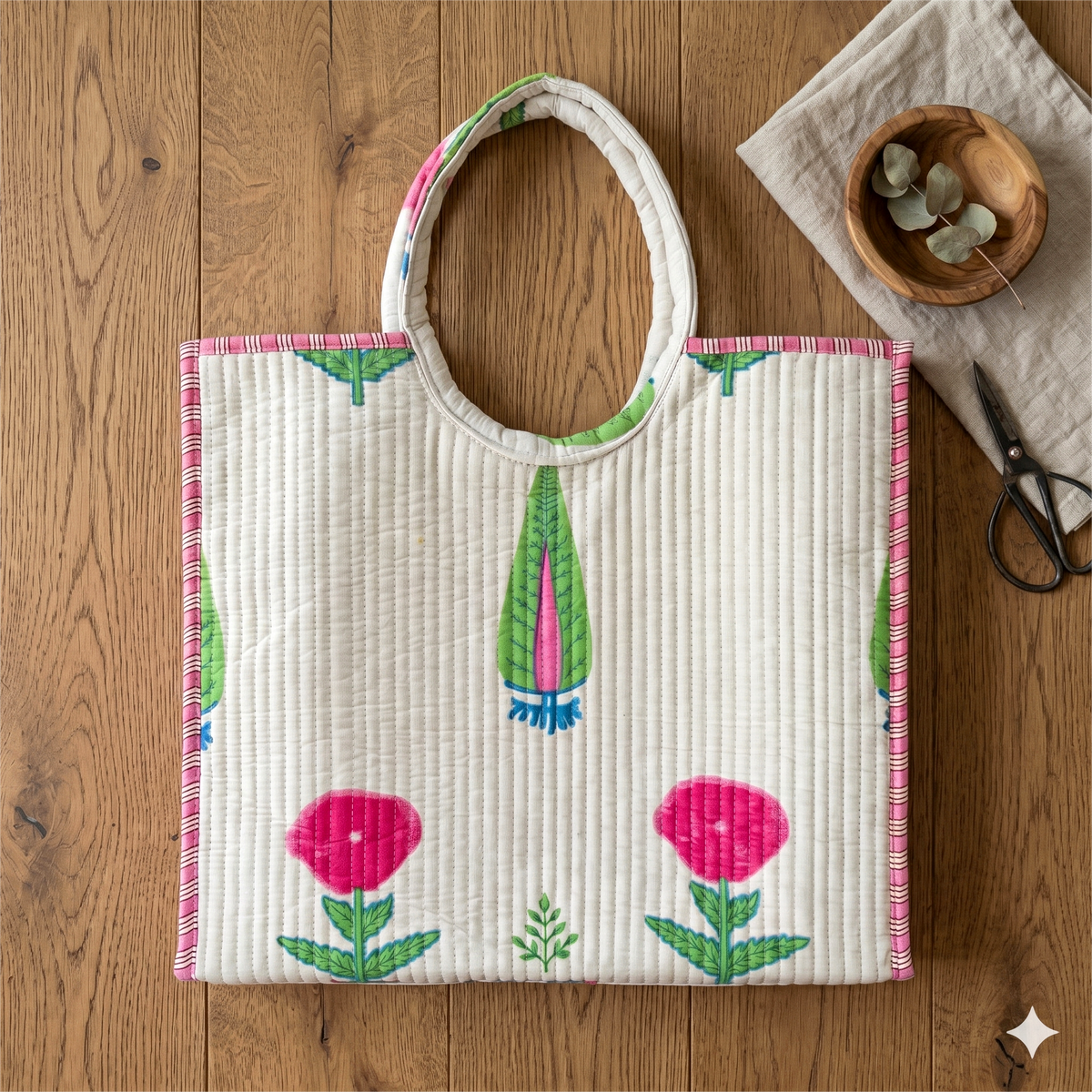 Handmade Blue Floral Block Print Quilted Cotton Tote Bag, Indian Boho Shoulder Bag, Minimalist Botanical Travel Beach Bag