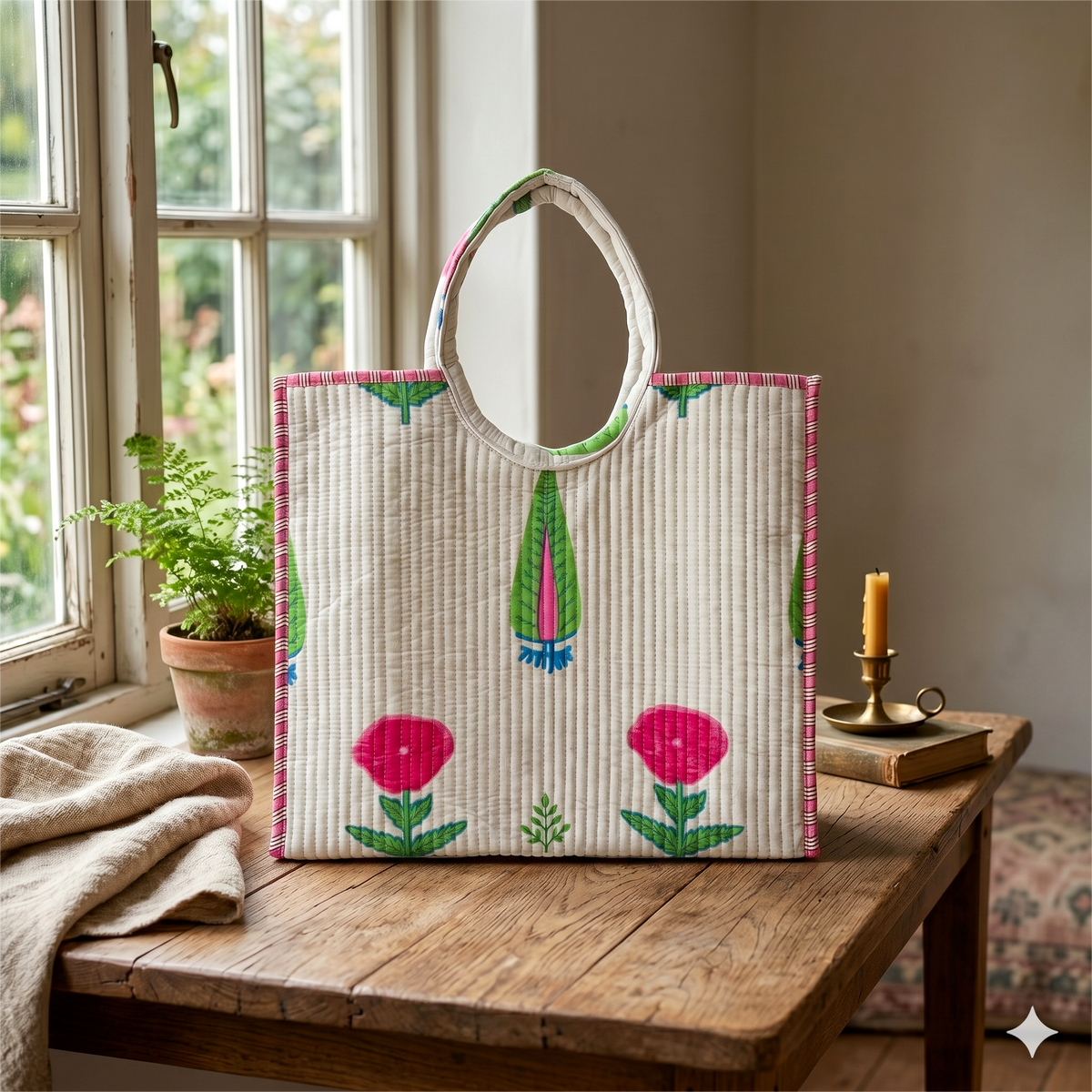 Handmade Blue Floral Block Print Quilted Cotton Tote Bag, Indian Boho Shoulder Bag, Minimalist Botanical Travel Beach Bag