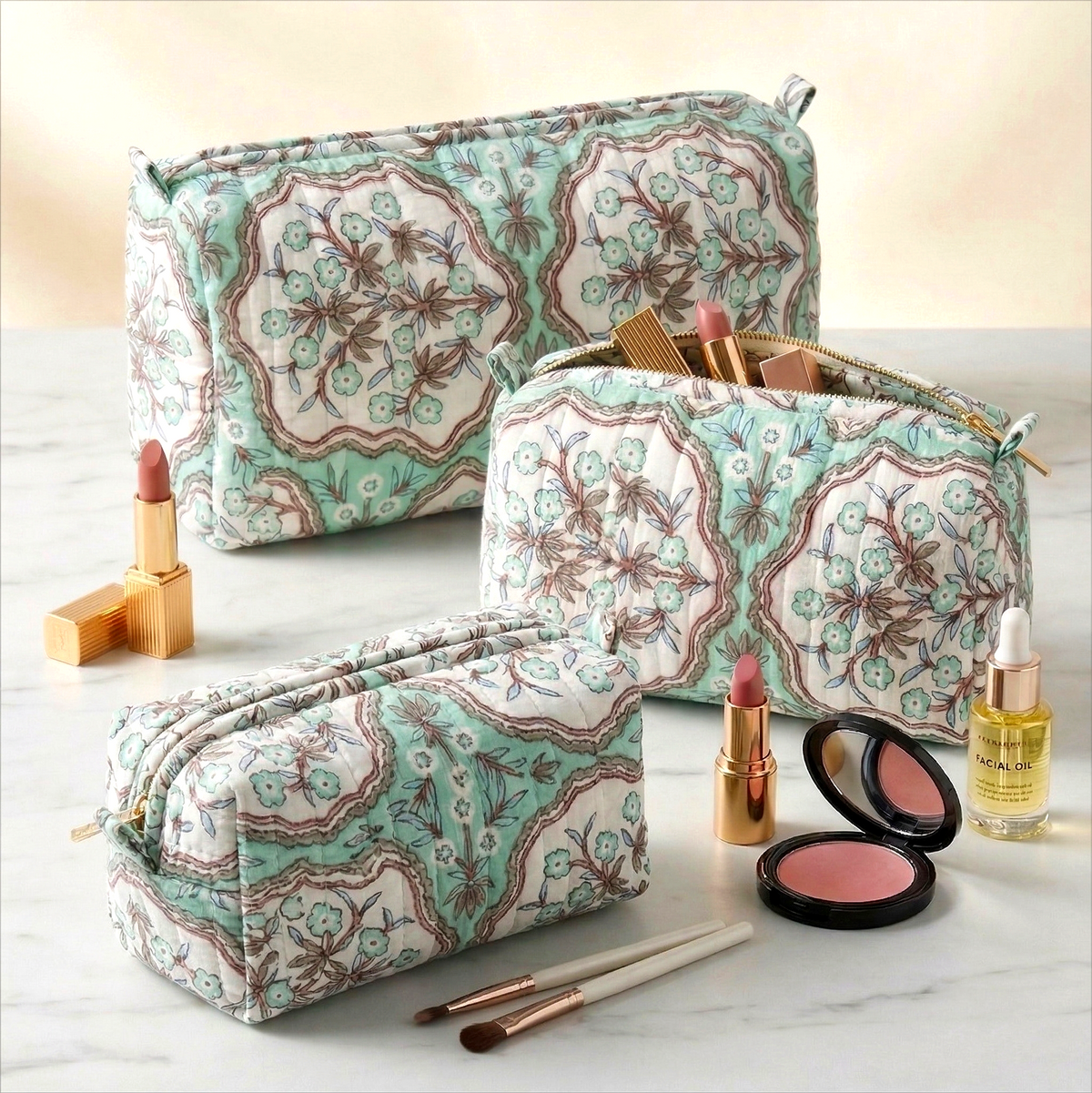 Set Of 3 Makeup Bag, Meera Mint Floral Block Print Cotton Travel Case, Quilted Cosmetic Storage Bag Set