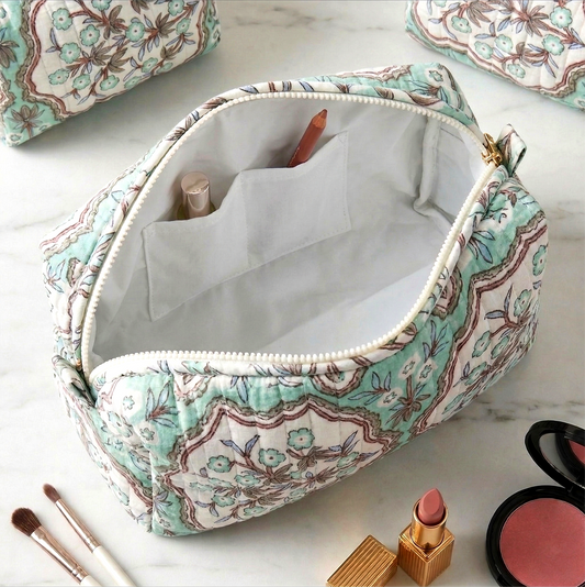 Set Of 3 Makeup Bag, Meera Mint Floral Block Print Cotton Travel Case, Quilted Cosmetic Storage Bag Set