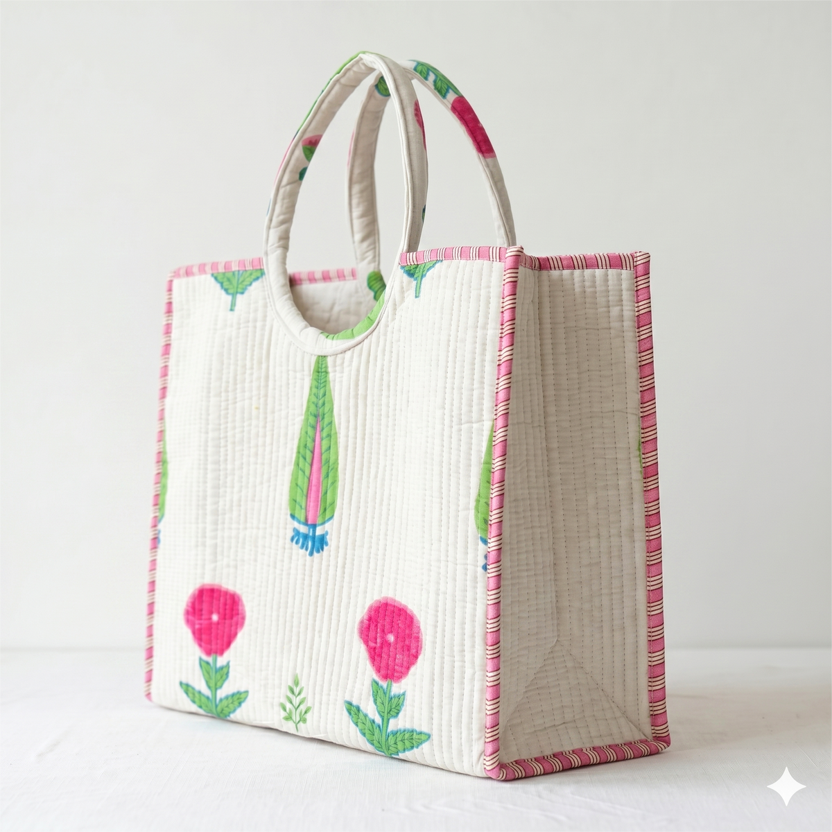 Handmade Blue Floral Block Print Quilted Cotton Tote Bag, Indian Boho Shoulder Bag, Minimalist Botanical Travel Beach Bag