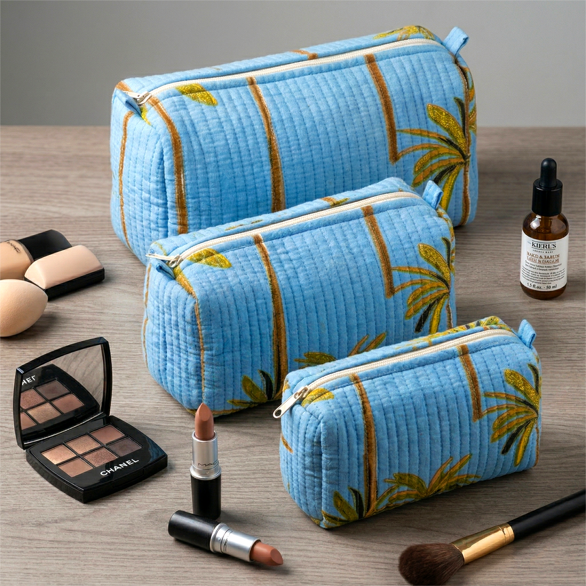 Set Of 3 Makeup Bag, Tarang Palms Velvet Print Travel Case, Quilted Cosmetic Storage Bag Set