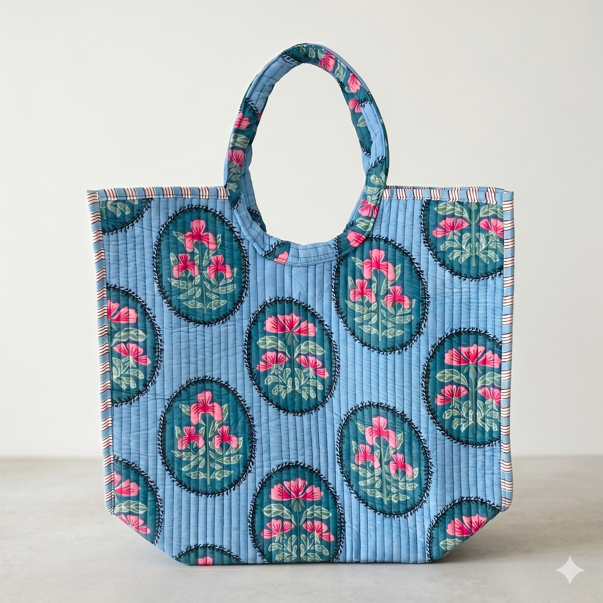 Handmade Beige Floral Block Print Quilted Cotton Tote Bag, Indian Boho Shoulder Bag, Medallion Botanical Travel Beach Bag