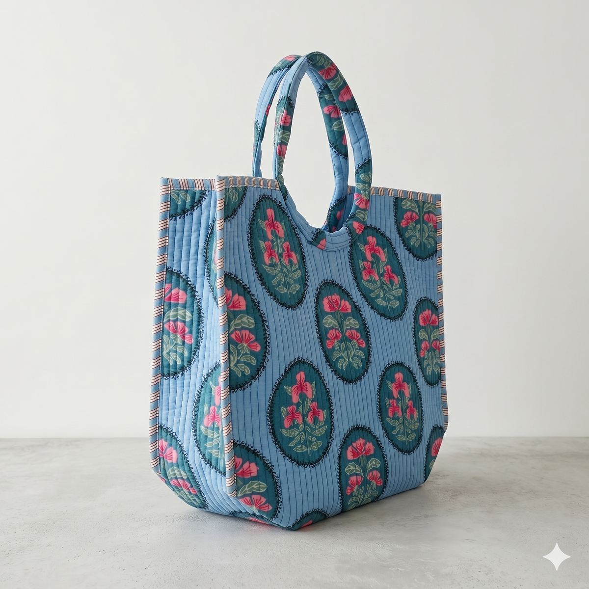 Handmade Beige Floral Block Print Quilted Cotton Tote Bag, Indian Boho Shoulder Bag, Medallion Botanical Travel Beach Bag