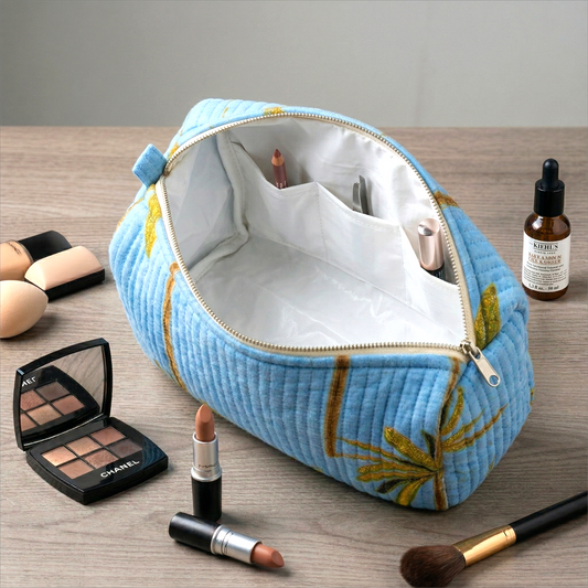 Set Of 3 Makeup Bag, Tarang Palms Velvet Print Travel Case, Quilted Cosmetic Storage Bag Set
