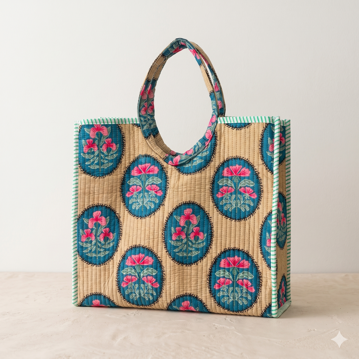 Handmade Beige Floral Block Print Quilted Cotton Tote Bag, Indian Boho Shoulder Bag, Medallion Botanical Travel Beach Bag