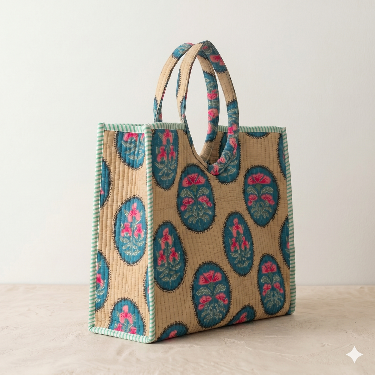 Handmade Beige Floral Block Print Quilted Cotton Tote Bag, Indian Boho Shoulder Bag, Medallion Botanical Travel Beach Bag