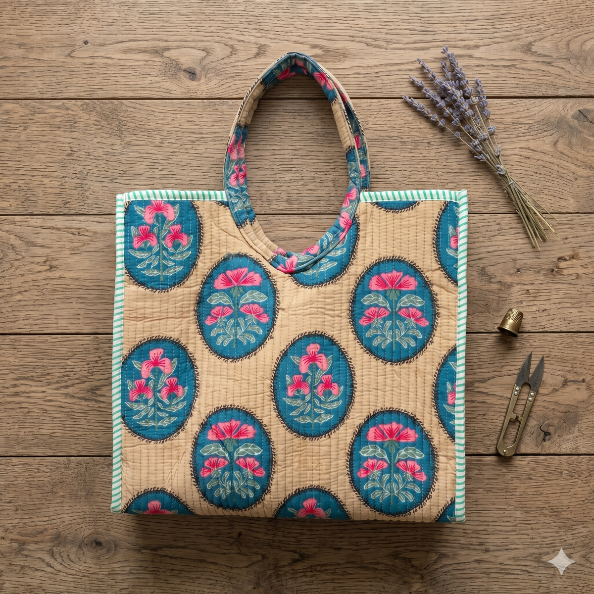 Handmade Beige Floral Block Print Quilted Cotton Tote Bag, Indian Boho Shoulder Bag, Medallion Botanical Travel Beach Bag