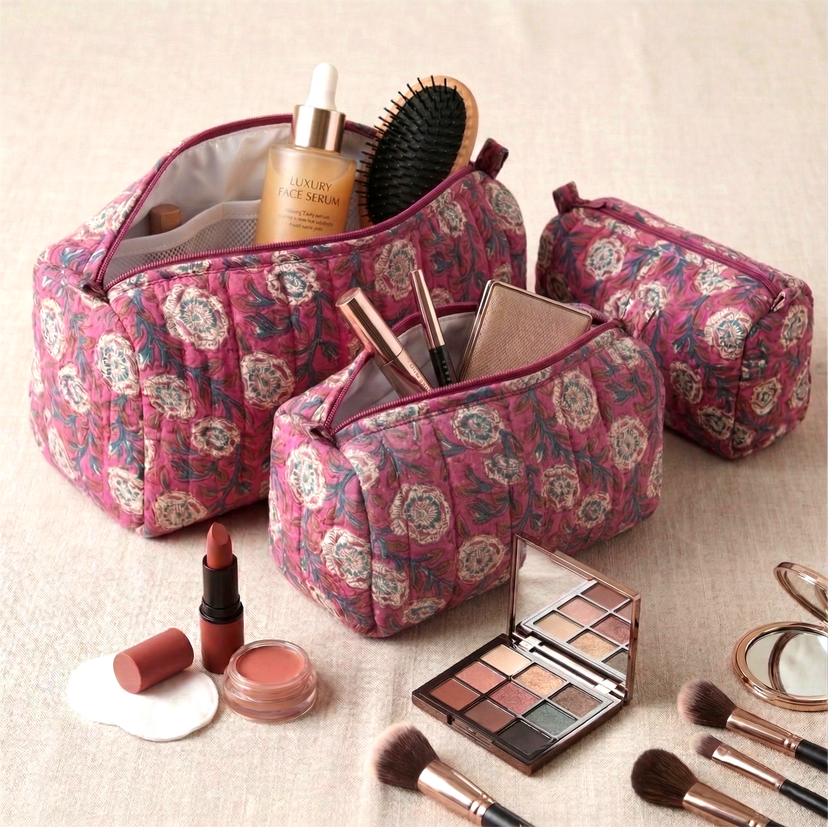 Set Of 3 Makeup Bag, Rani Bloom Floral Block Print Cotton Travel Case, Quilted Cosmetic Storage Bag Set