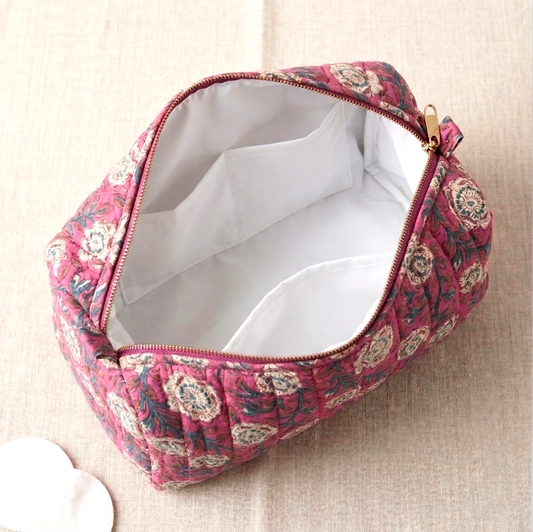 Set Of 3 Makeup Bag, Rani Bloom Floral Block Print Cotton Travel Case, Quilted Cosmetic Storage Bag Set