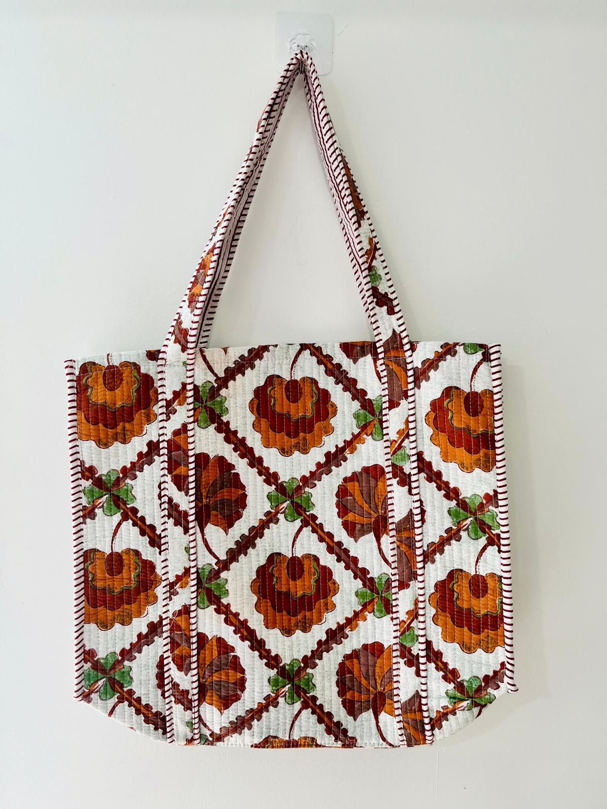 Handmade Orange Floral Block Print Quilted Cotton Tote Bag, Indian Boho Shoulder Bag, Lattice Botanical Travel Beach Bag