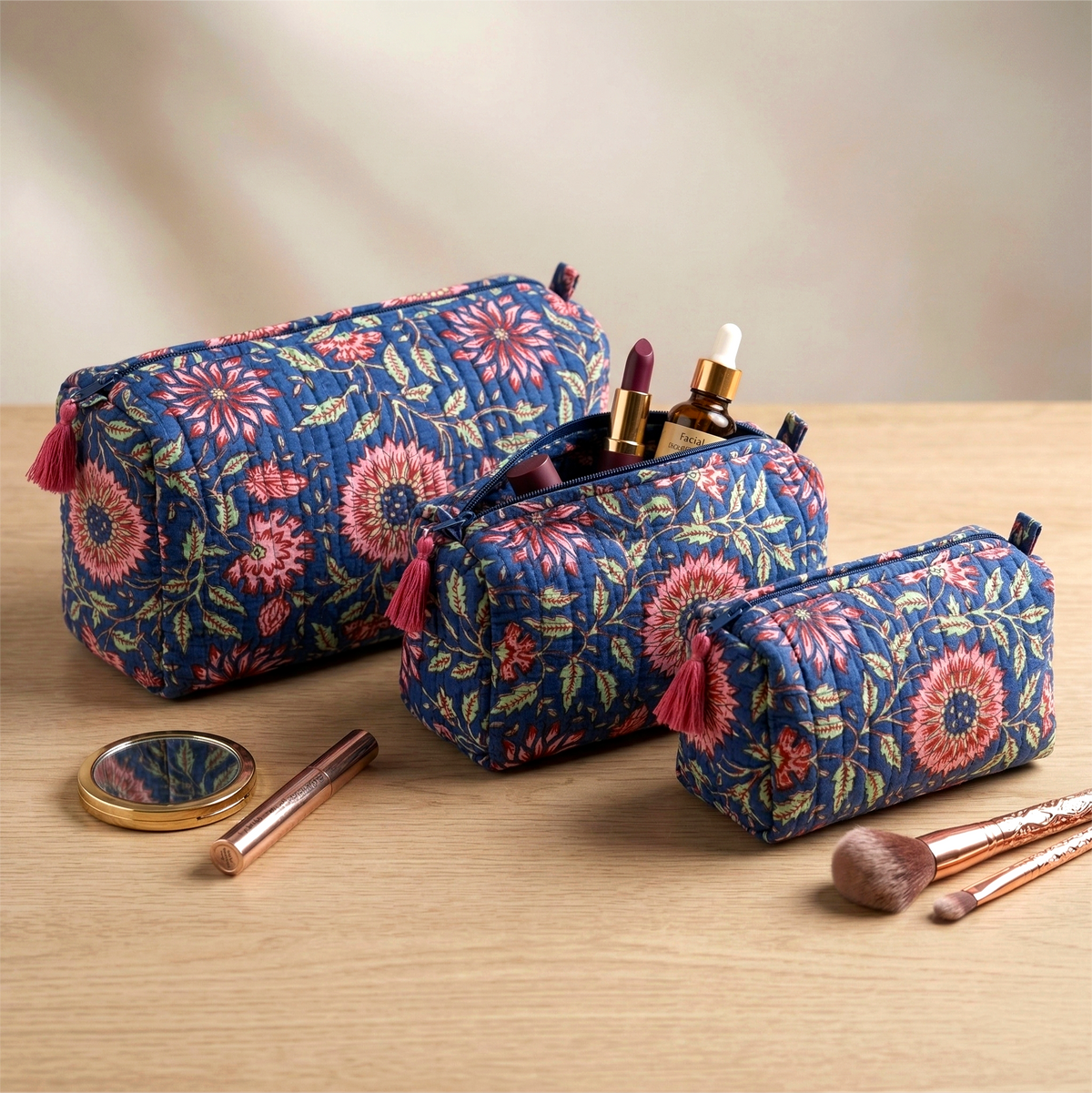 Set Of 3 Makeup Bag, Neelam Flora Floral Block Print Cotton Travel Case, Quilted Cosmetic Storage Bag Set