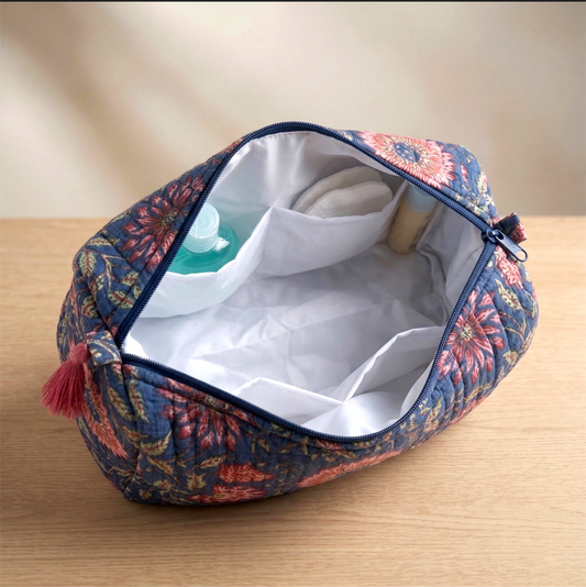 Set Of 3 Makeup Bag, Neelam Flora Floral Block Print Cotton Travel Case, Quilted Cosmetic Storage Bag Set