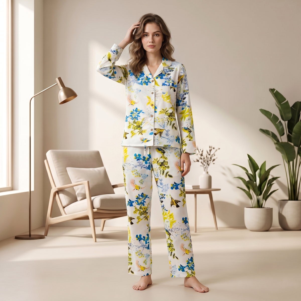 Blue Floral & Yellow Bird Print Cotton Pajama Set, Whimsical Botanical Sleepwear & Lounge Apparel