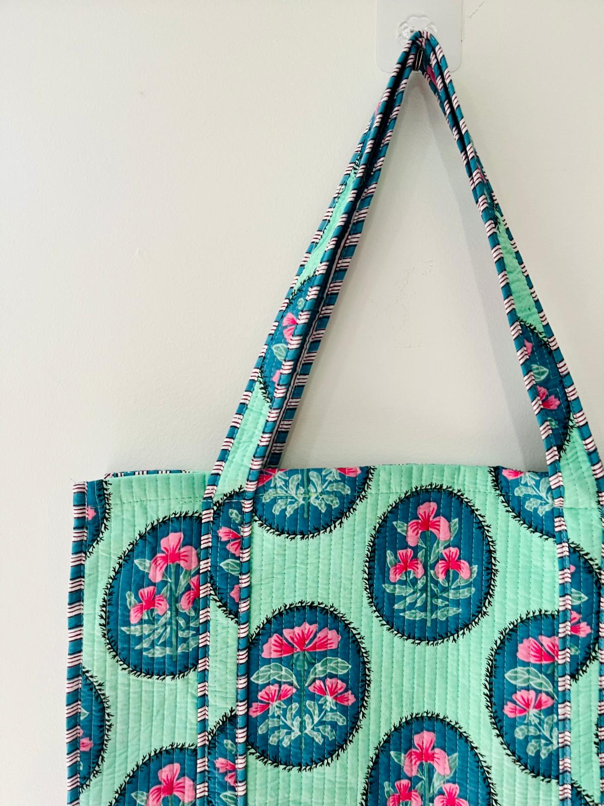 Handmade Orange Floral Block Print Quilted Cotton Tote Bag, Indian Boho Shoulder Bag, Lattice Botanical Travel Beach Bag