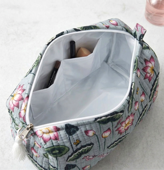Set Of 3 Makeup Bag, Kamal Pond Floral Block Print Cotton Travel Case, Quilted Cosmetic Storage Bag Set