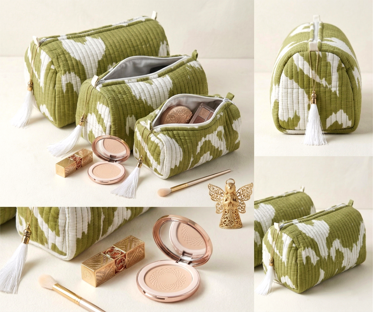 Set Of 3 Makeup Bag, Panna Moss Abstract Block Print Cotton Travel Case, Quilted Cosmetic Storage Bag Set