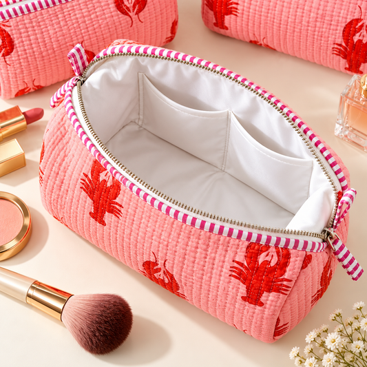 Set Of 3 Makeup Bag, Laal Coast Lobster Print Cotton Travel Case, Quilted Cosmetic Storage Bag Set