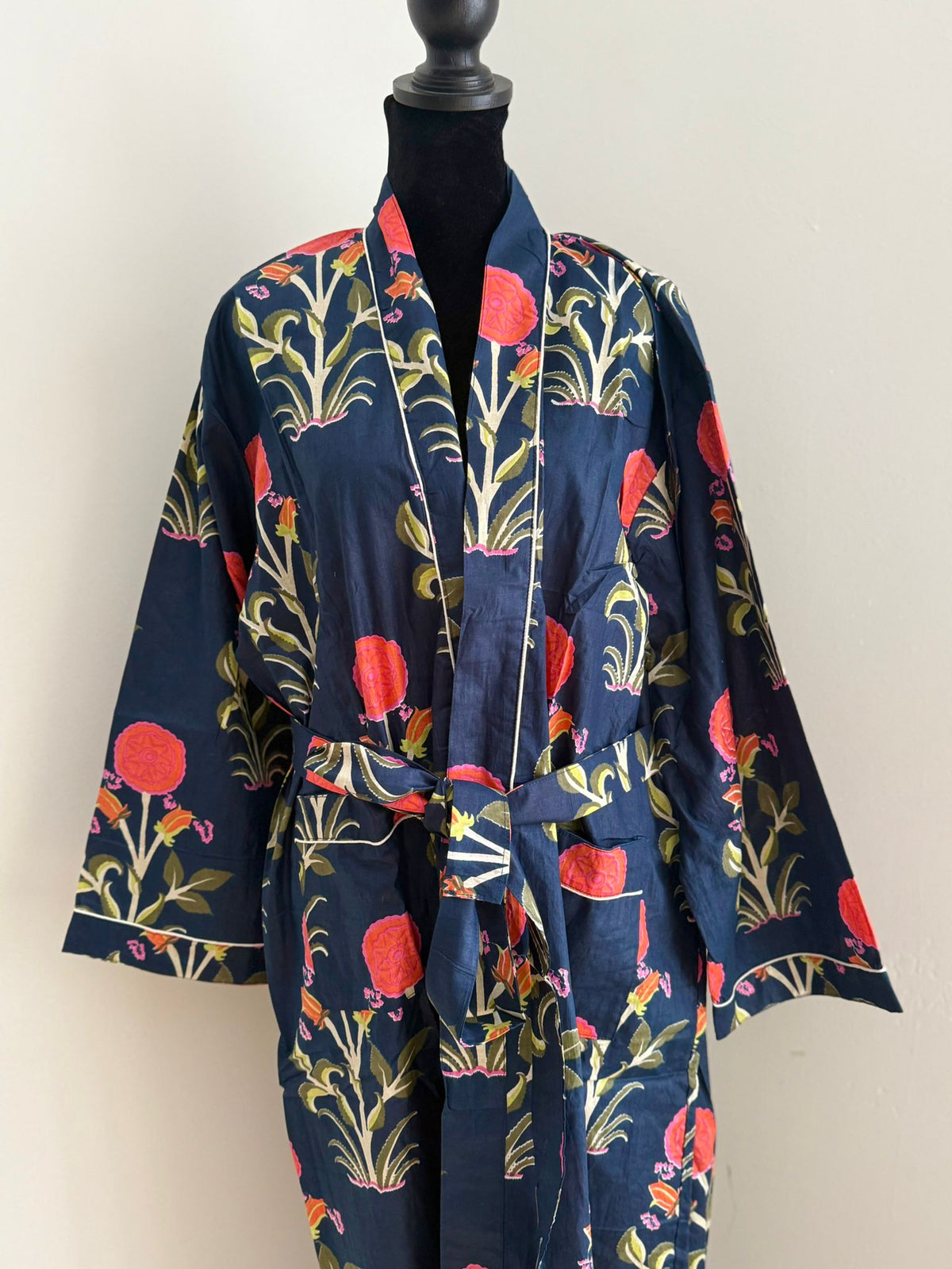 Crimson Red & Orange Botanical Cotton Wrap | Traditional Block Print Spa & Bathrobe | Resort Wear