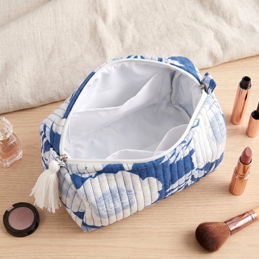 Set Of 3 Makeup Bag, Neela Blossom Floral Block Print Cotton Travel Case, Quilted Cosmetic Storage Bag Set
