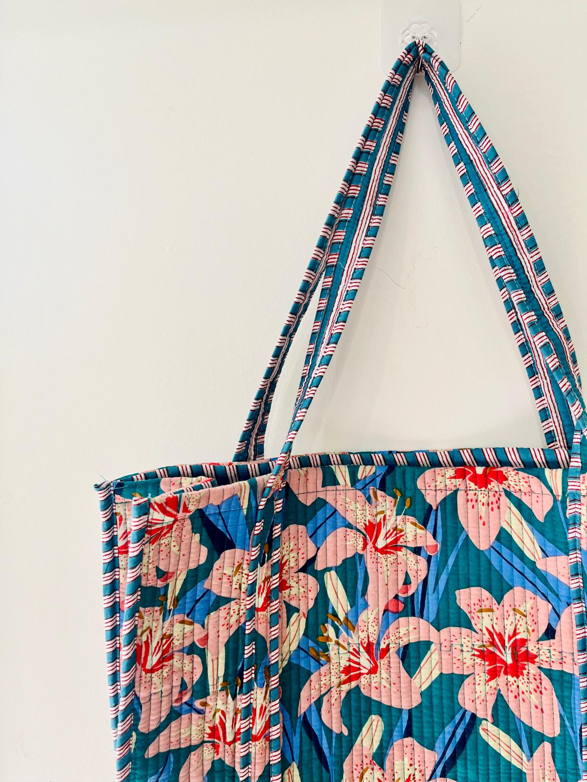 Handmade Teal Pink Lily Floral Block Print Quilted Cotton Tote Bag, Indian Boho Shoulder Bag, Tropical Botanical Travel Beach Bag
