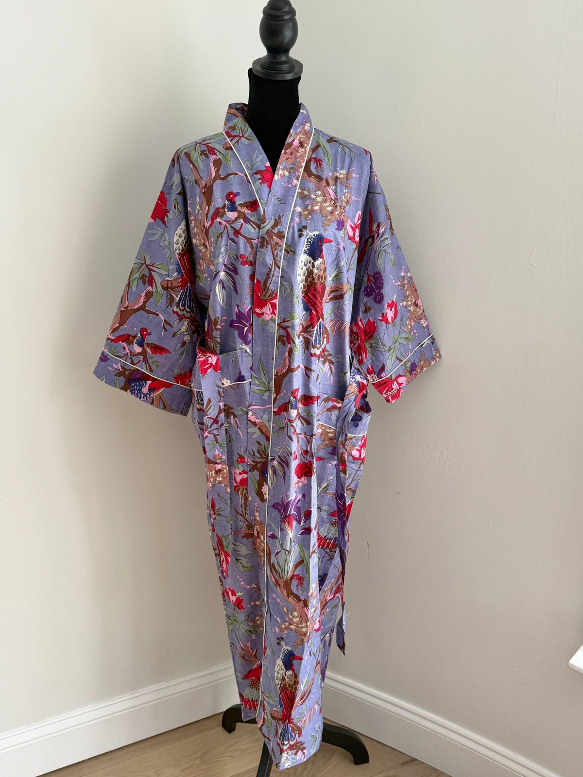 Block Printed Grey Cotton Kimono | Floral & Exotic Bird Motif Lounge Robe | Bohemian Sleepwear