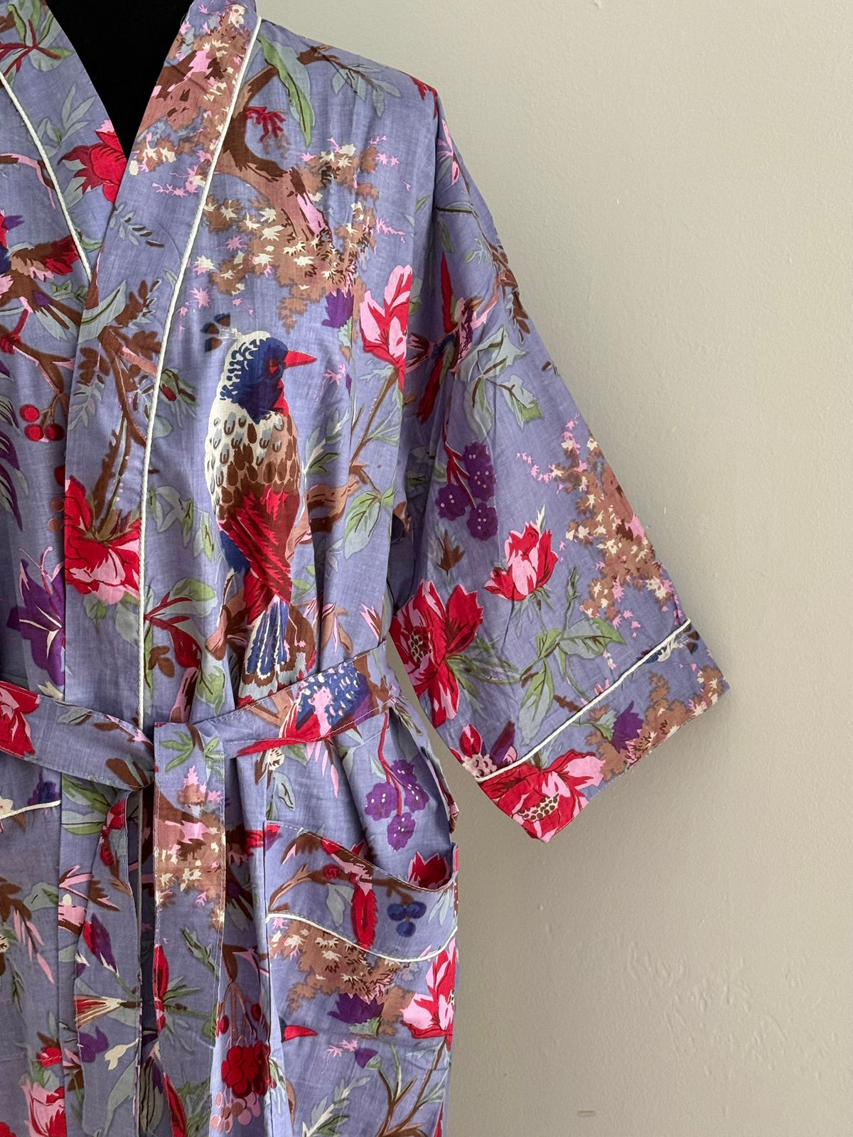 Block Printed Grey Cotton Kimono | Floral & Exotic Bird Motif Lounge Robe | Bohemian Sleepwear