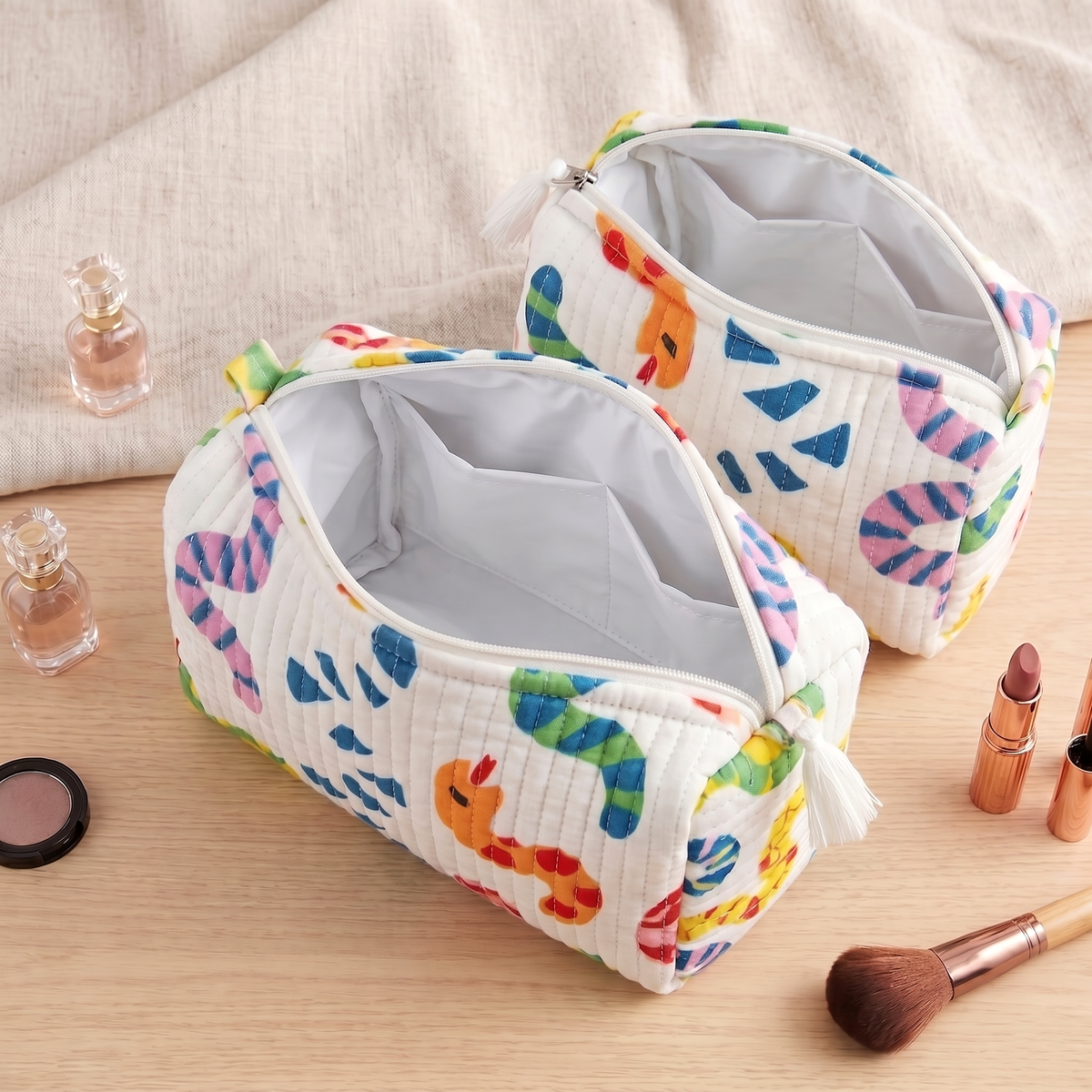Set Of 3 Makeup Bag, Sunny Waves Print Cotton Travel Case, Quilted Cosmetic Storage Bag Set (Copy)