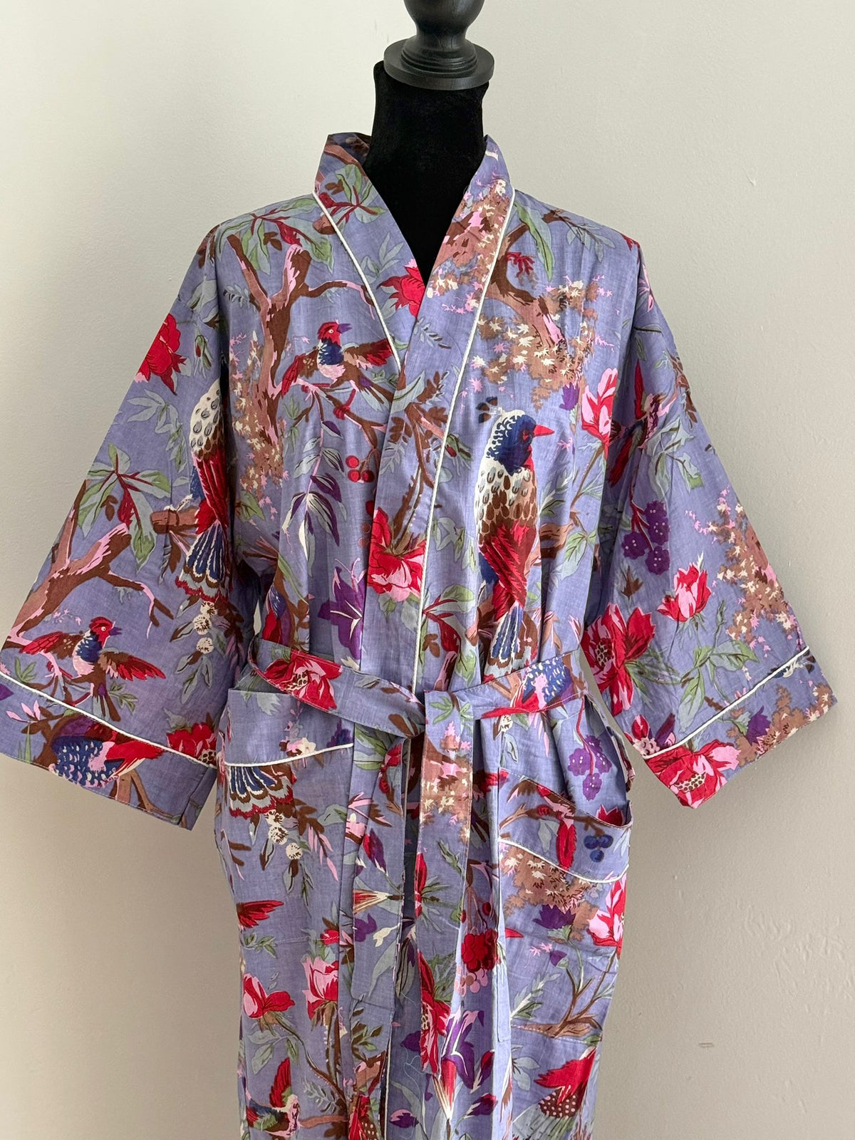 Block Printed Grey Cotton Kimono | Floral & Exotic Bird Motif Lounge Robe | Bohemian Sleepwear