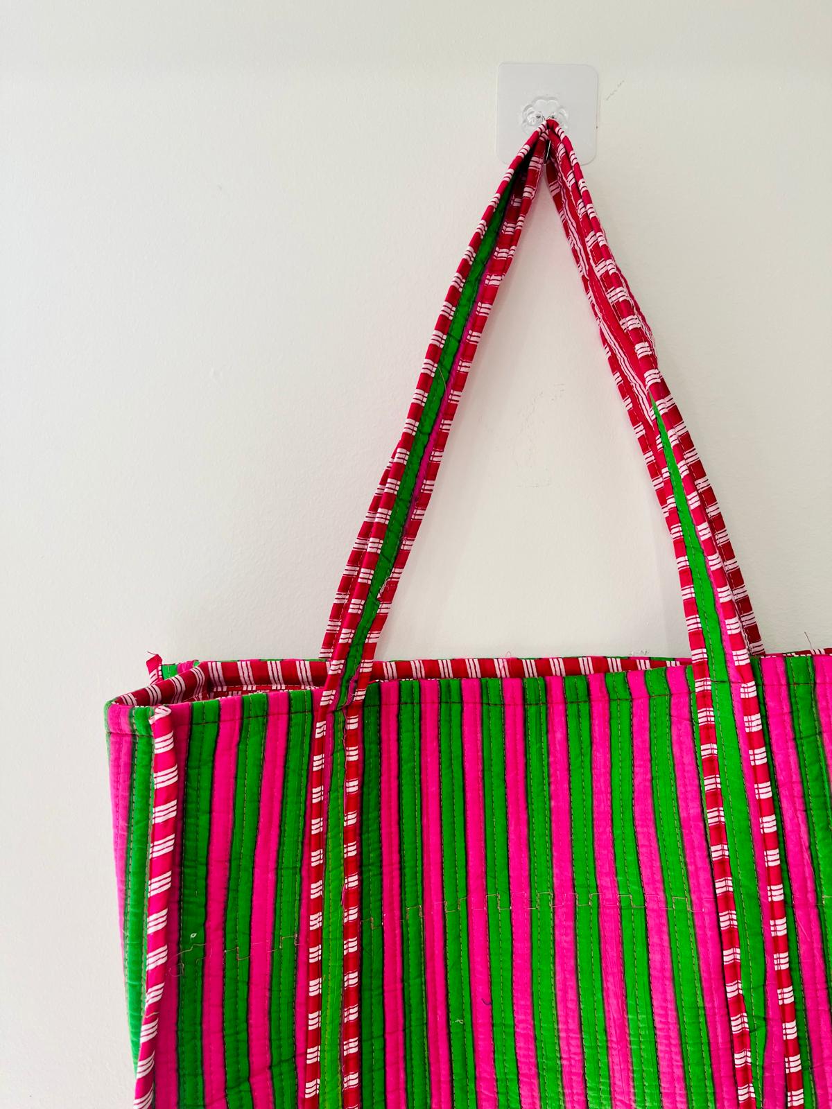 Handmade Pink Green Striped Quilted Cotton Tote Bag, Indian Block Print Geometric Boho Shoulder Bag, Casual Travel Beach Bag