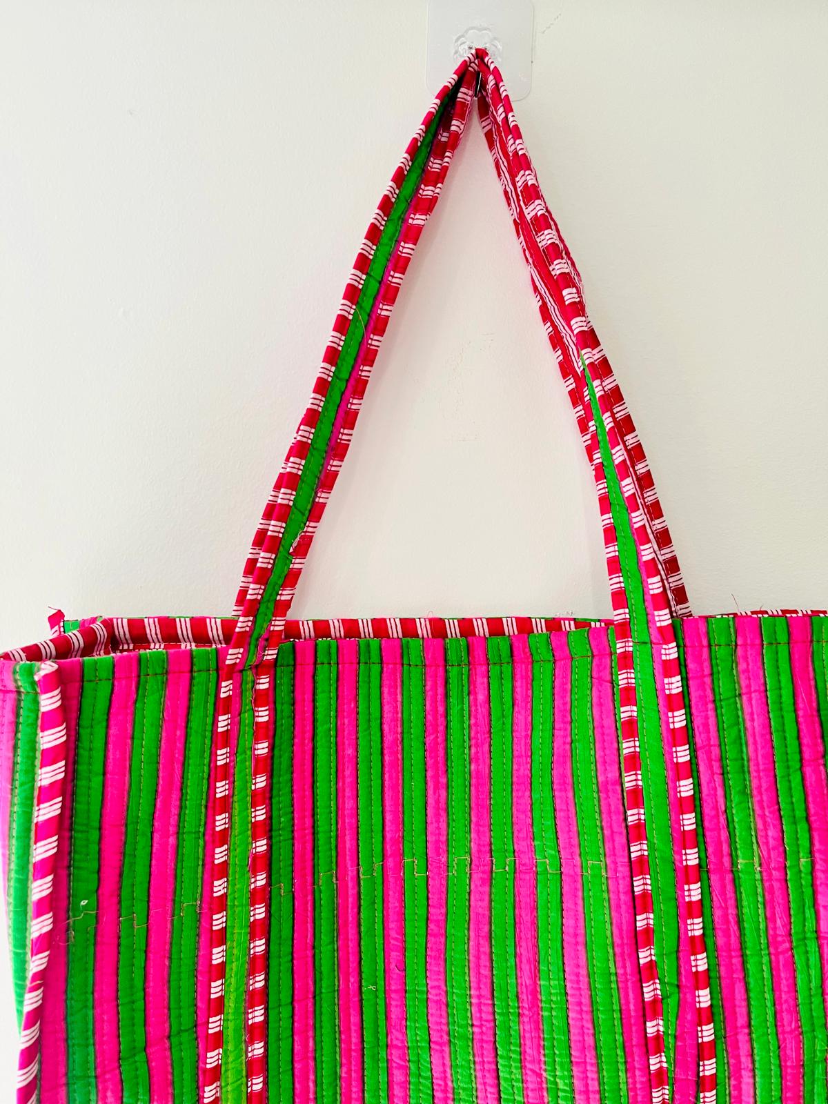 Handmade Pink Green Striped Quilted Cotton Tote Bag, Indian Block Print Geometric Boho Shoulder Bag, Casual Travel Beach Bag