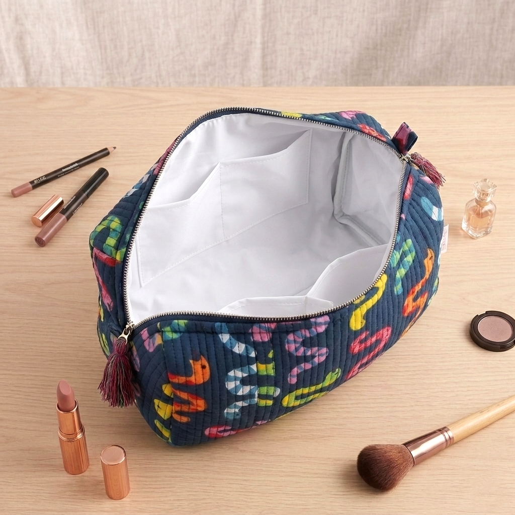 Set Of 3 Makeup Bag, Sunny Waves Print Cotton Travel Case, Quilted Cosmetic Storage Bag Set