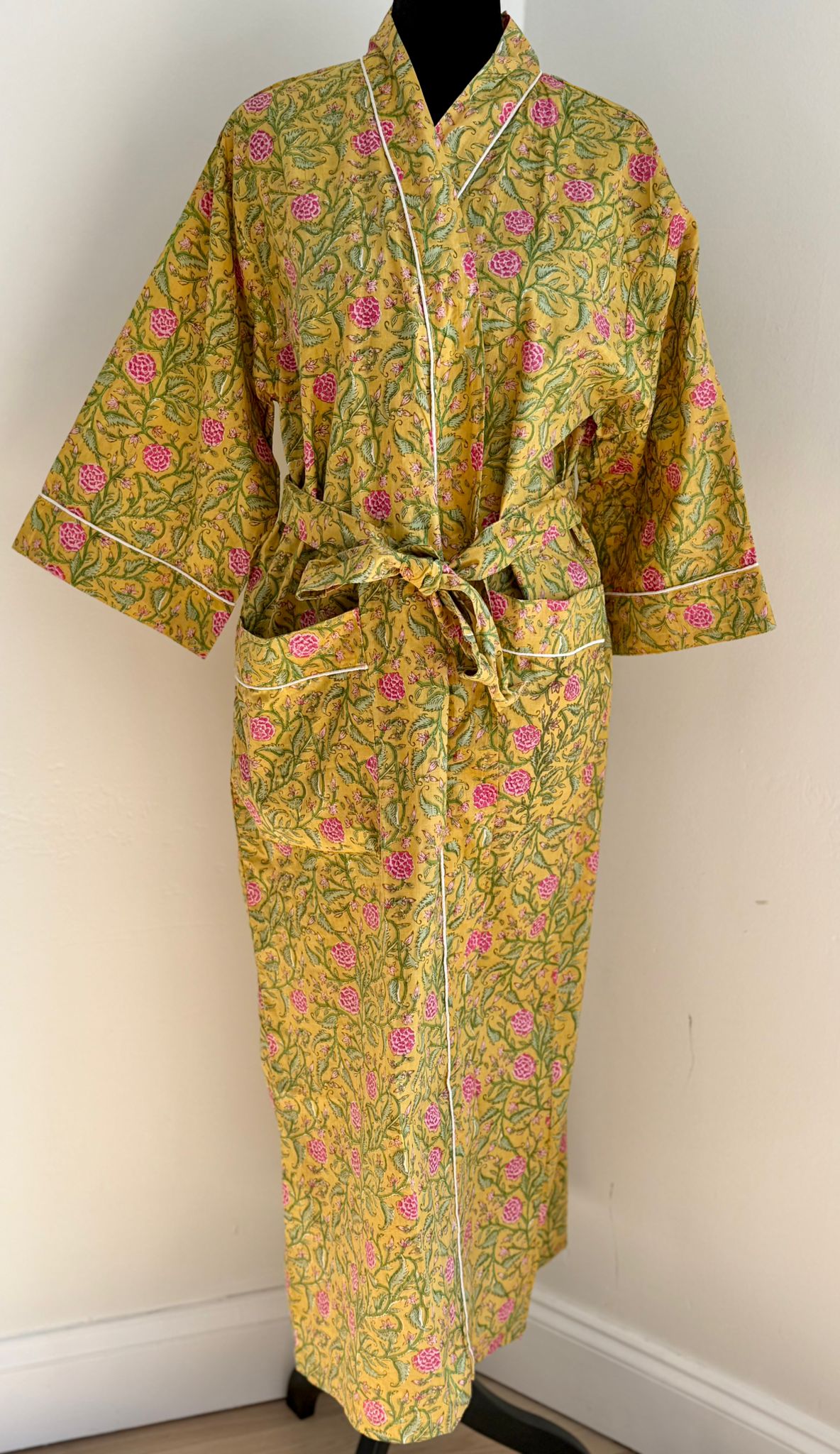 Mustard Yellow & Pink Block Print Cotton Kimono | Floral Motif Lounge Robe & Bohemian Sleepwear