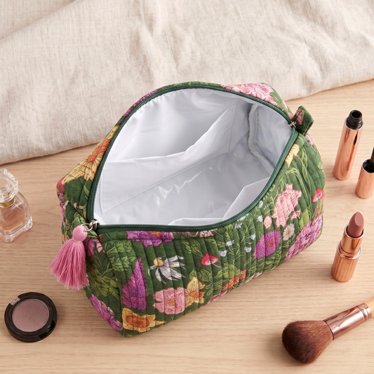 Set Of 3 Makeup Bag, Panna Meadow Botanical Print Cotton Travel Case, Quilted Cosmetic Storage Bag Set