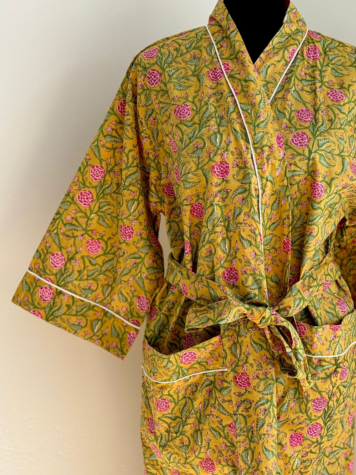 Mustard Yellow & Pink Block Print Cotton Kimono | Floral Motif Lounge Robe & Bohemian Sleepwear