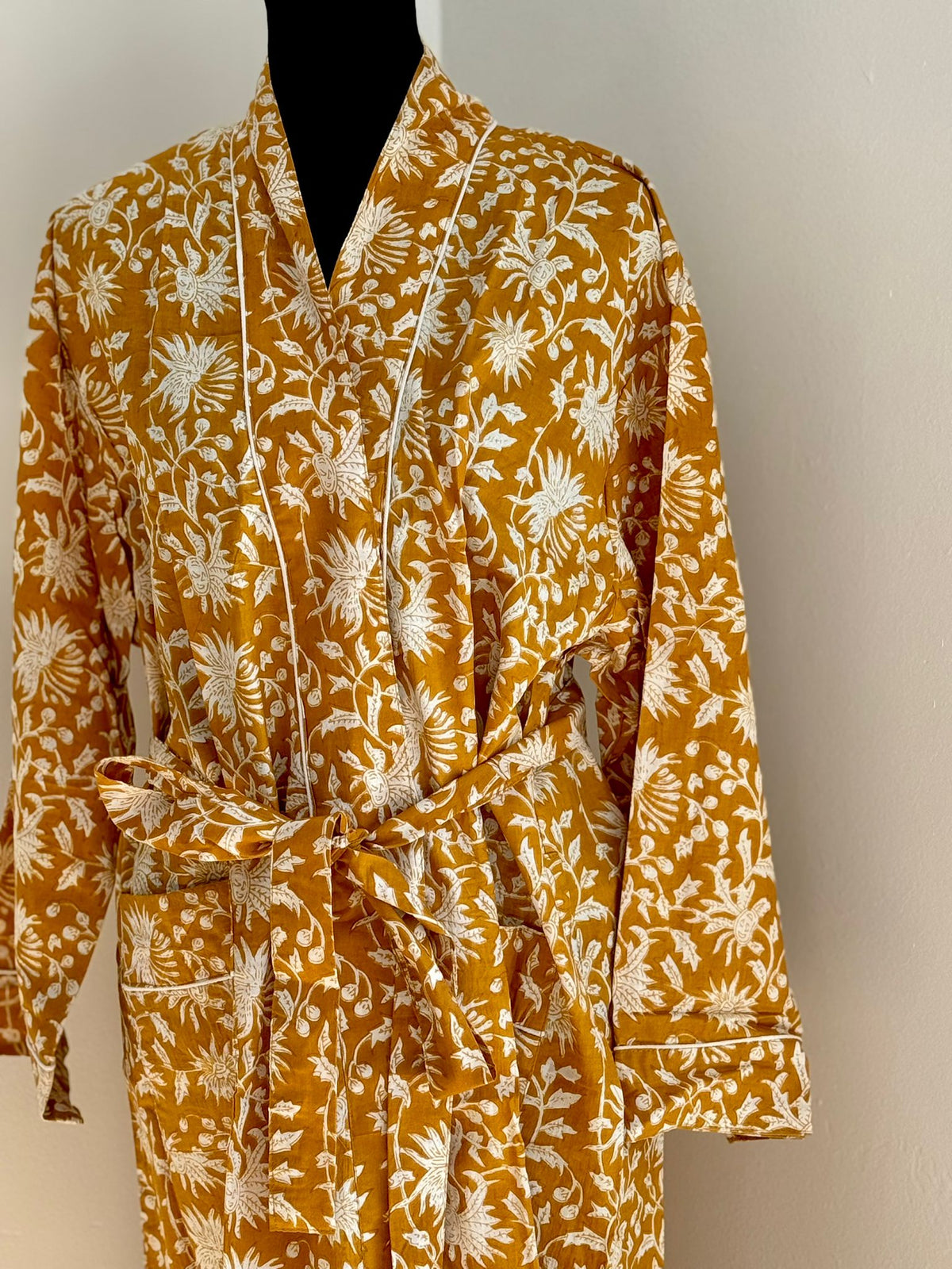 Mustard Brown & Ivory Floral Block Print Kimono | Cotton Botanical Wrap Bathrobe & Lounge Robe