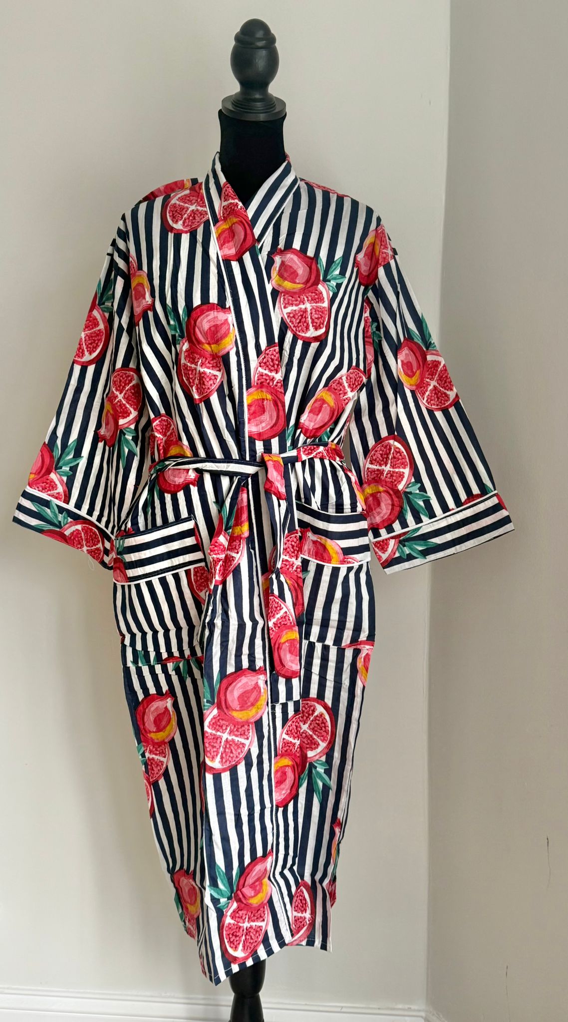 Slate Grey & White Stripe Cotton Kimono | Pomegranate Motif Block Print Spa Robe