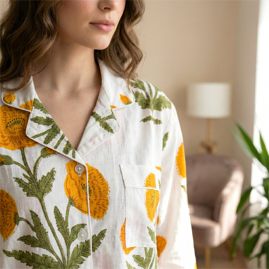 Yellow Floral Hand Block Print Cotton Pajama Set, Lounge and Sleepwear, Holiday Pajamas Set