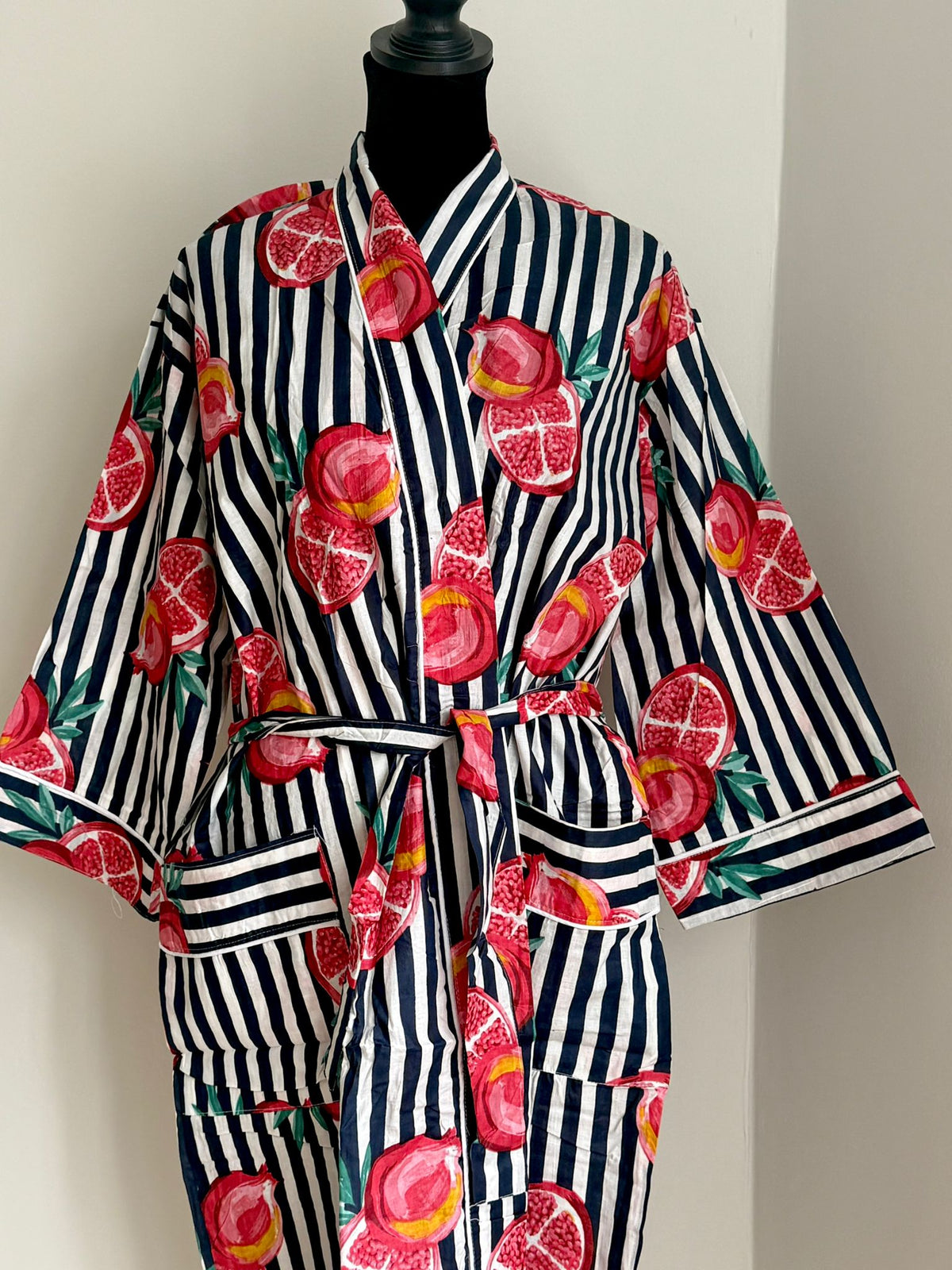 Slate Grey & White Stripe Cotton Kimono | Pomegranate Motif Block Print Spa Robe