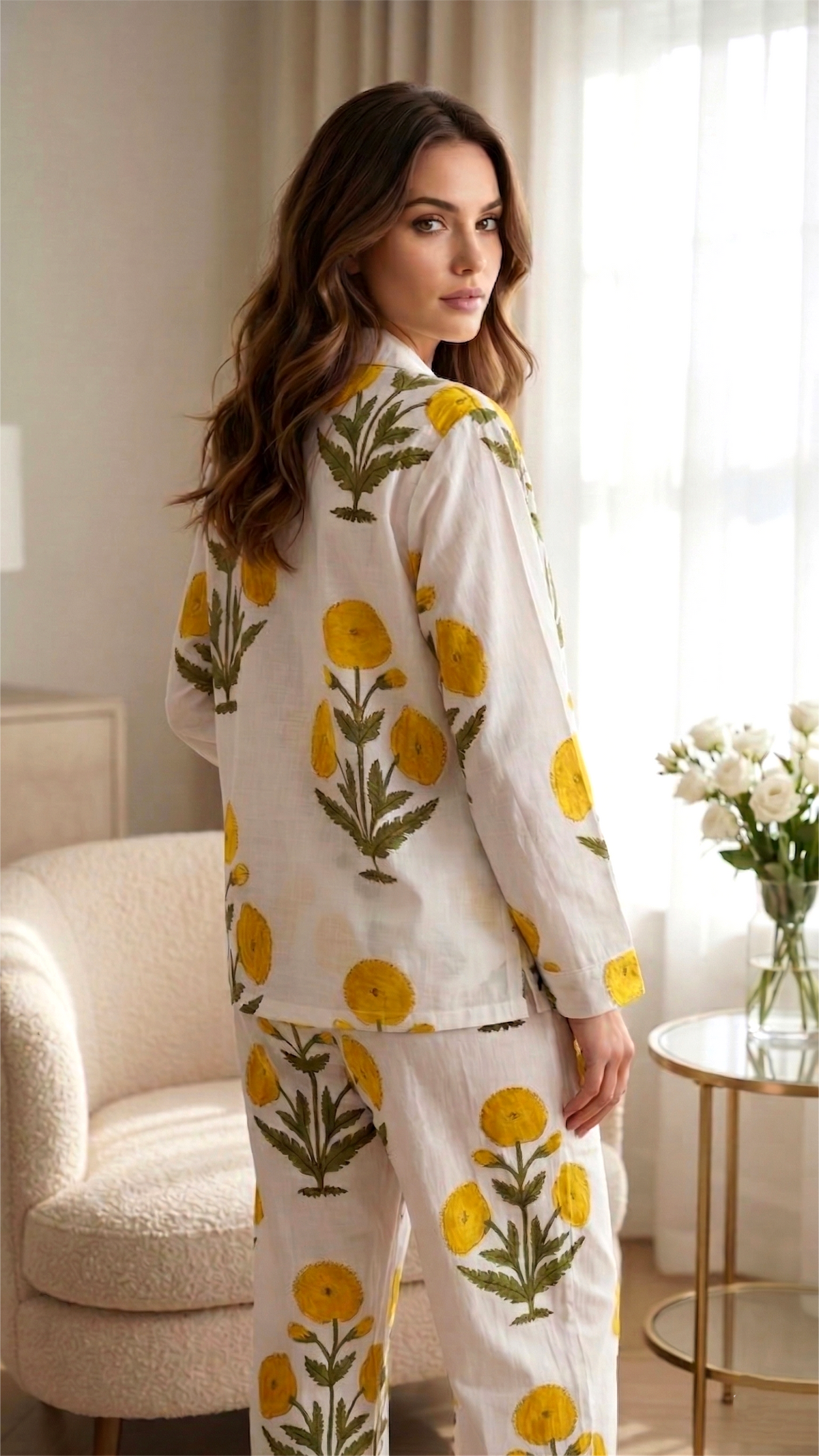 Green Floral Hand Block Print Cotton Pajama Set, Lounge and Sleepwear, Holiday Pajamas Set