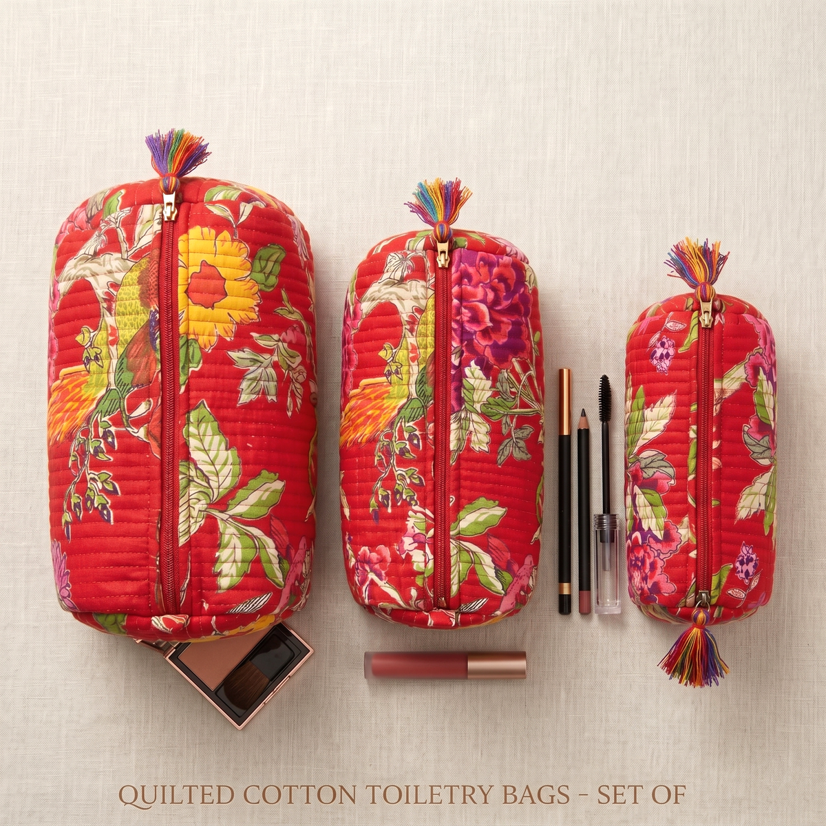 Set Of 3 Makeup Bag, Ruby Bloom Floral Block Print Cotton Travel Case, Quilted Cosmetic Storage Bag Set