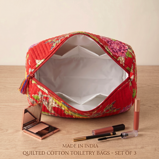 Set Of 3 Makeup Bag, Ruby Bloom Floral Block Print Cotton Travel Case, Quilted Cosmetic Storage Bag Set