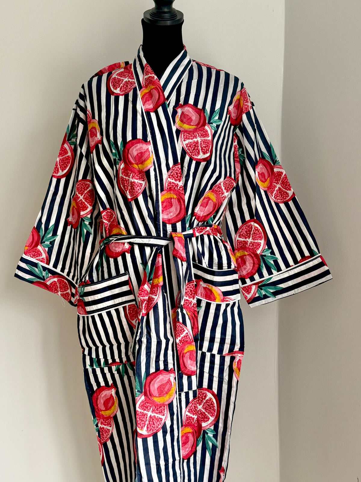 Slate Grey & White Stripe Cotton Kimono | Pomegranate Motif Block Print Spa Robe