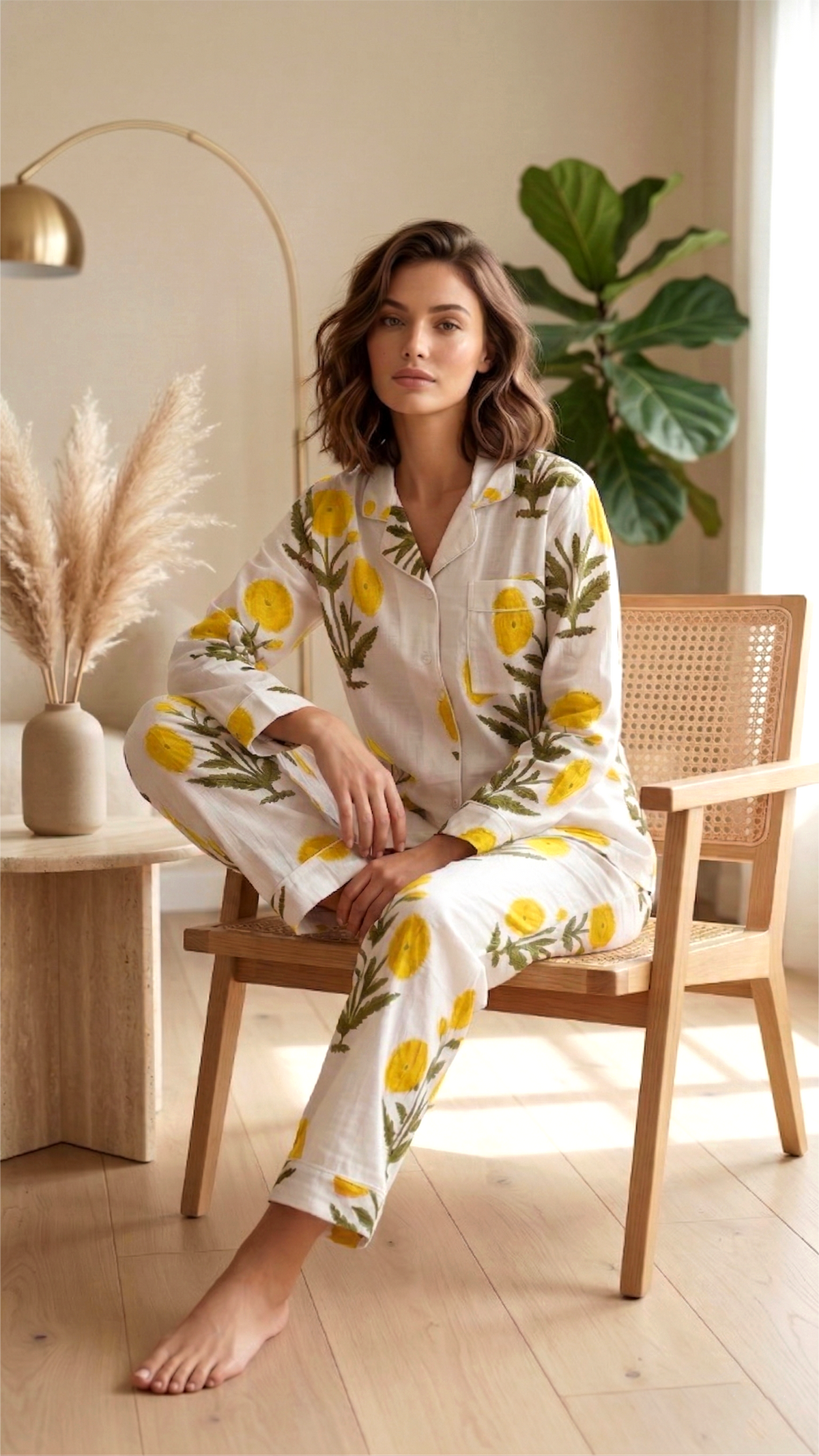Green Floral Hand Block Print Cotton Pajama Set, Lounge and Sleepwear, Holiday Pajamas Set