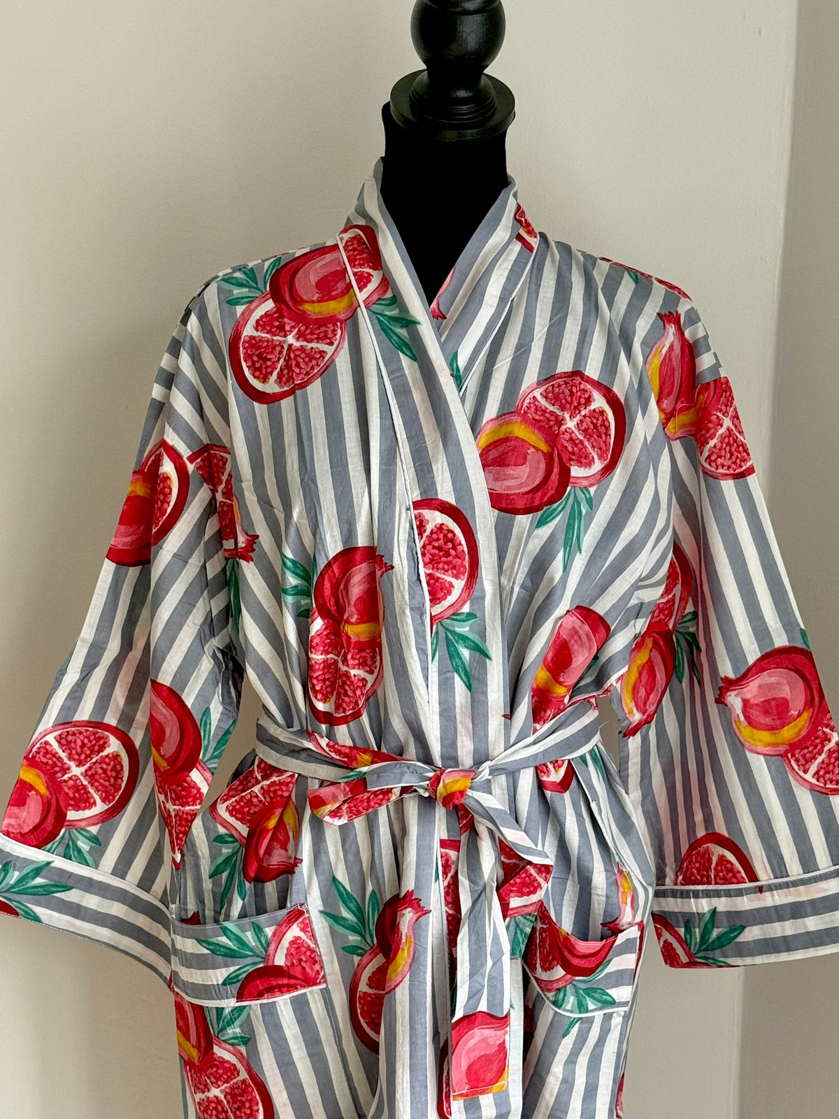 Slate Grey & White Stripe Cotton Kimono | Pomegranate Motif Block Print Spa Robe