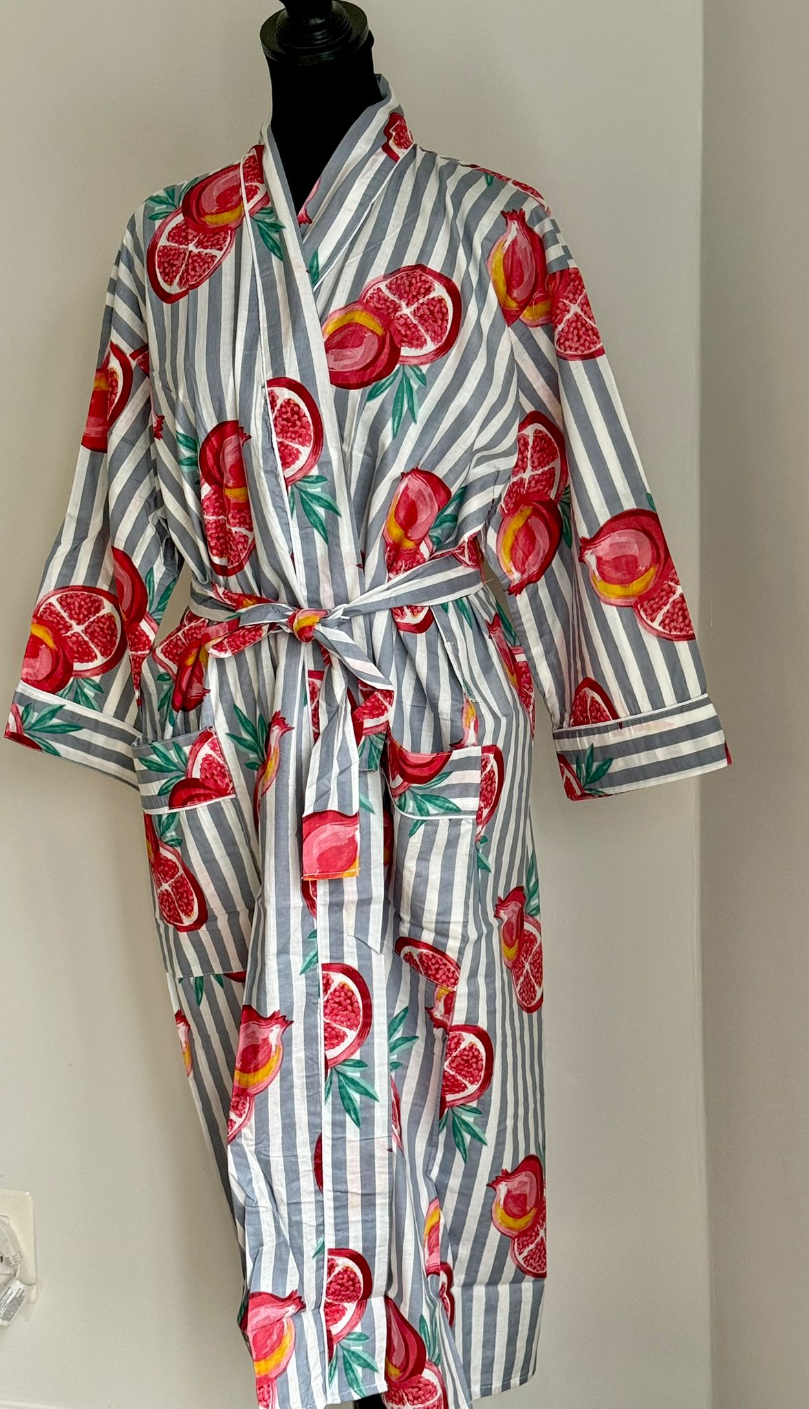 Slate Grey & White Stripe Cotton Kimono | Pomegranate Motif Block Print Spa Robe